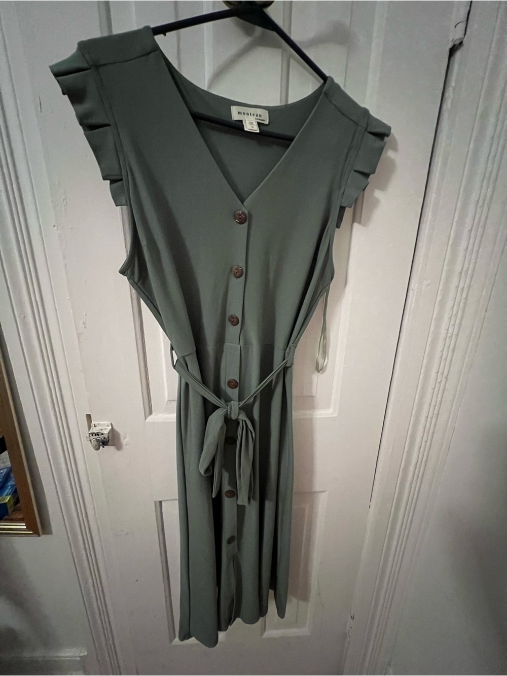 Monteau Sage Green Button-Front Tie-Waist Midi Dress